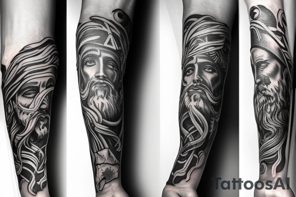 Unique Full arm sleeve made up of Zeus & Medussa tattoo idea