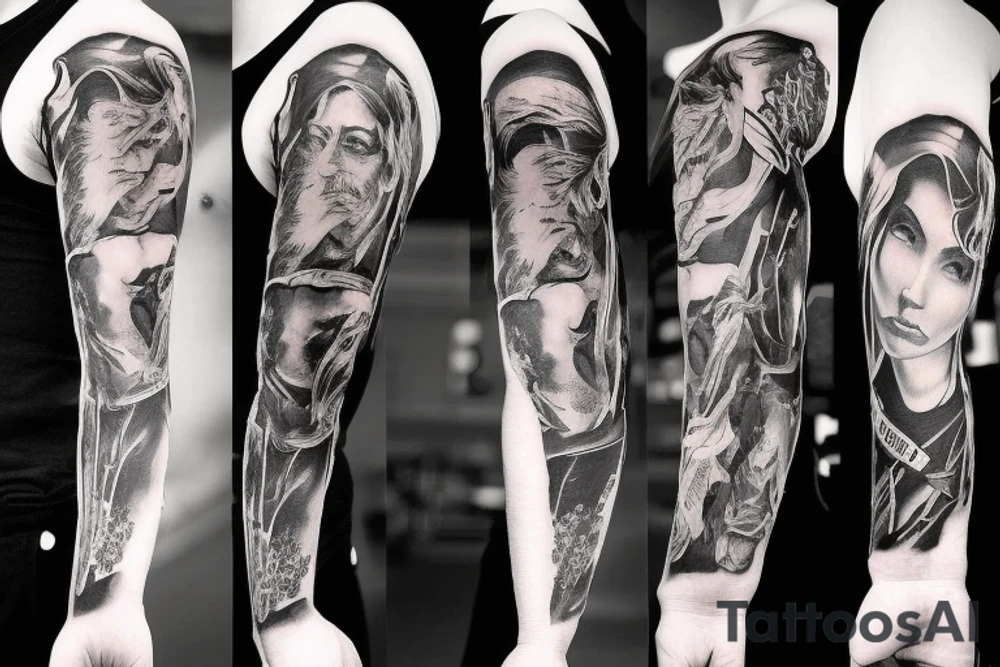 Unique Full arm sleeve made up of the first supper tattoo idea