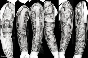 Unique Full arm sleeve made up of the first supper tattoo idea