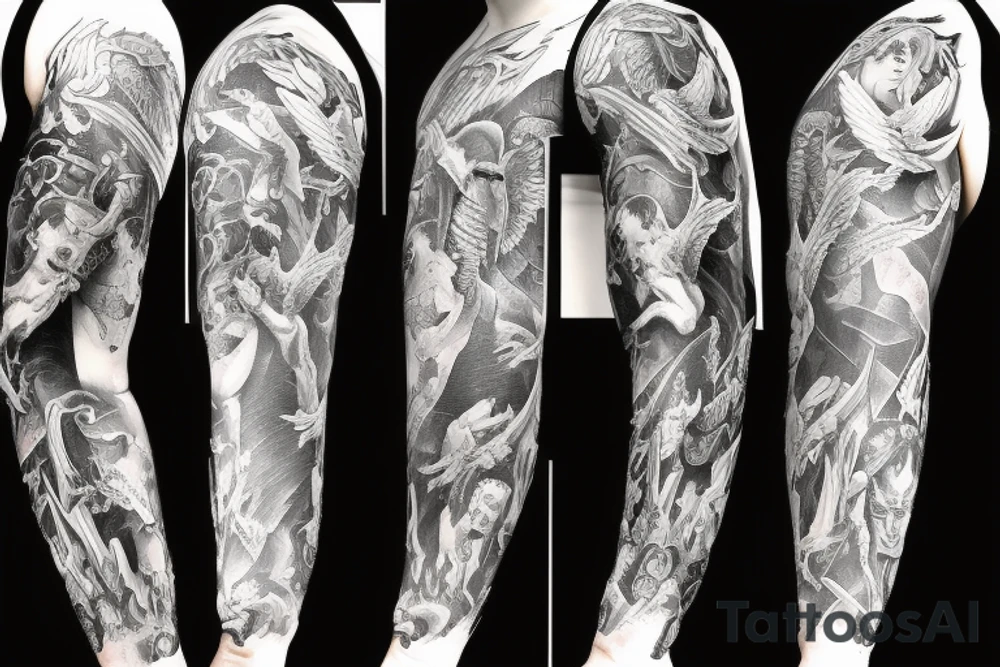 Unique Full arm sleeve made up of the angels fighting demons tattoo idea