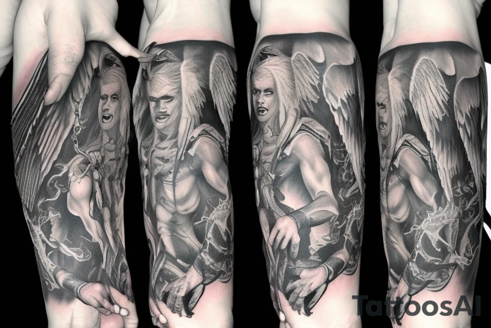 Unique Full arm sleeve made up of the angels fighting demons tattoo idea