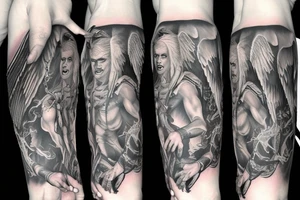 Unique Full arm sleeve made up of the angels fighting demons tattoo idea
