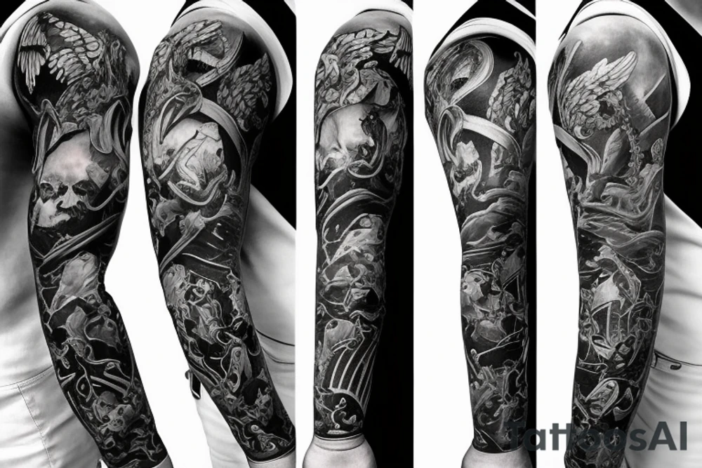 Unique Full arm sleeve made up of the angels fighting demons tattoo idea
