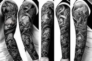 Unique Full arm sleeve made up of the angels fighting demons tattoo idea