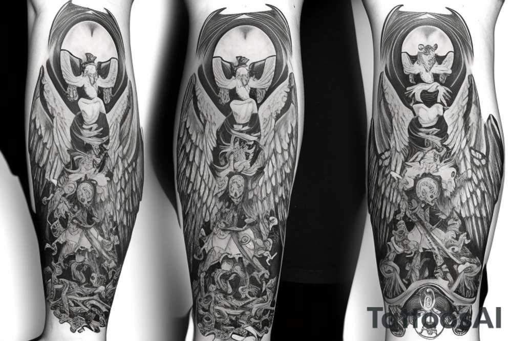Unique Full arm sleeve made up of the angels fighting demons tattoo idea
