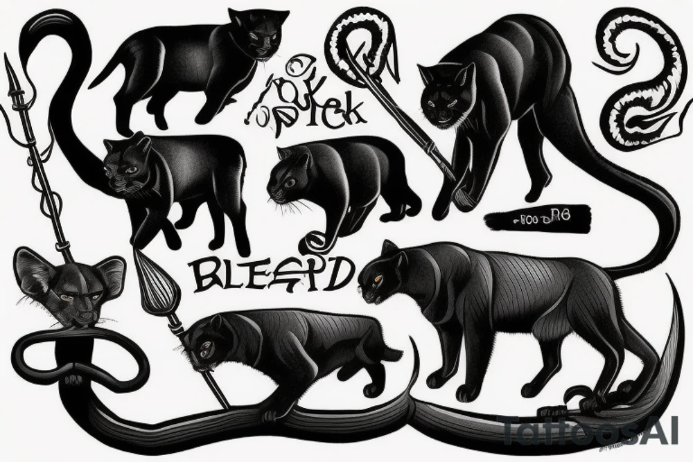 I want 3 black panthers (designed realistic like the animal), walking side by side.
The one in the middle is holding a shepherd's crook. tattoo idea
