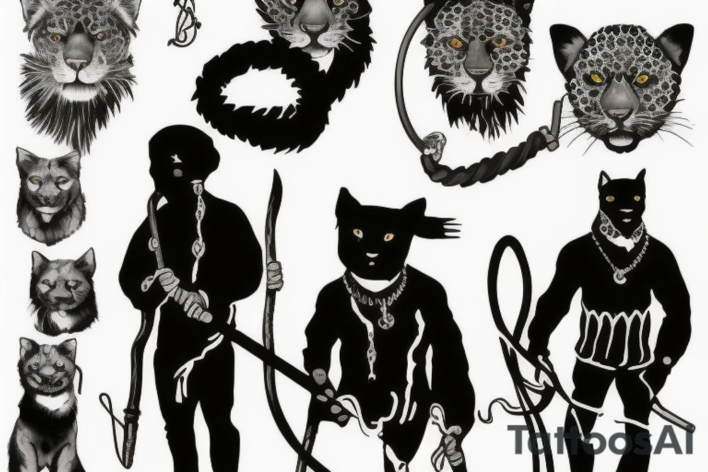 I want 3 black panthers (designed realistic like the animal), walking side by side.
The one in the middle is holding a shepherd's crook. tattoo idea