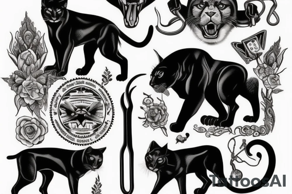 I want one black panthers (designed realistic like the animal), sitted and holding a shepherd's crook. tattoo idea