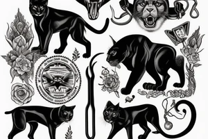I want one black panthers (designed realistic like the animal), sitted and holding a shepherd's crook. tattoo idea