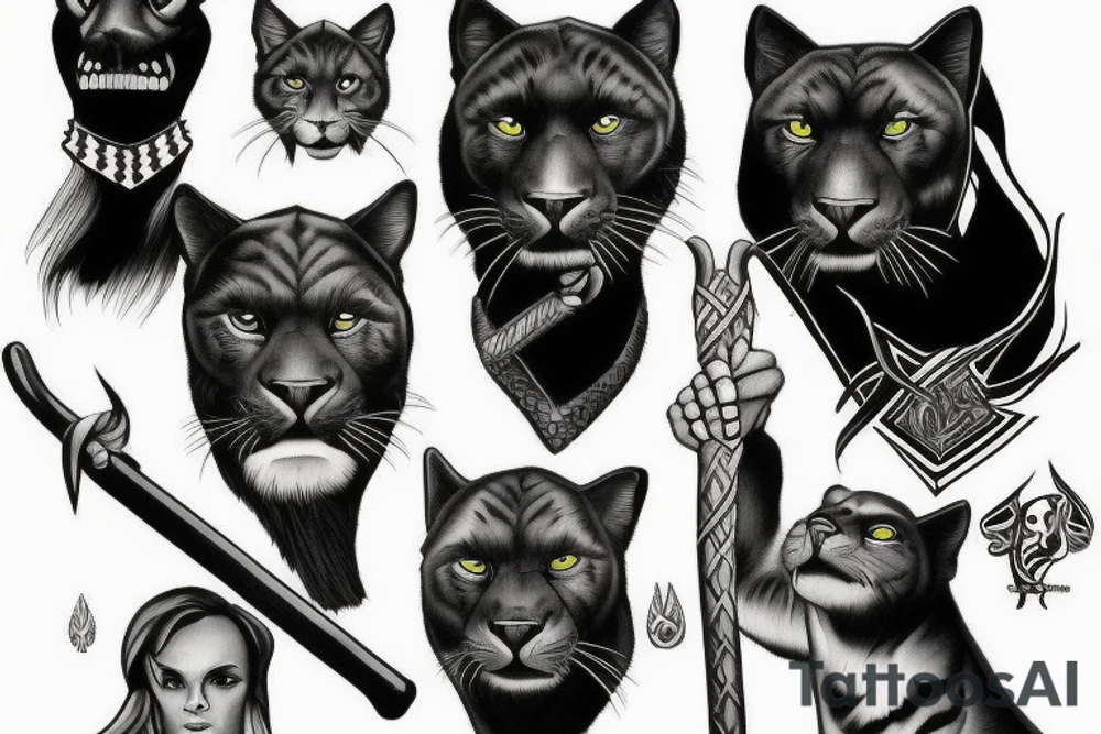 I want one black panthers (designed realistic like the animal), sitted and holding a shepherd's crook. tattoo idea
