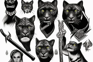 I want one black panthers (designed realistic like the animal), sitted and holding a shepherd's crook. tattoo idea