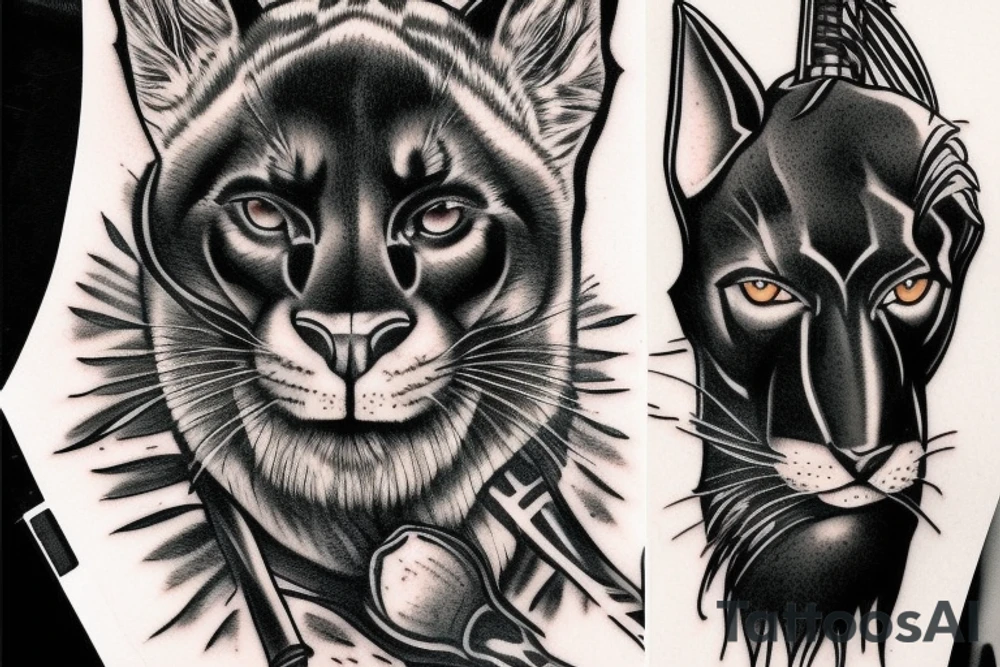 I want one black panthers (designed realistic like the animal), sitted and holding a shepherd's crook. tattoo idea