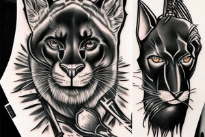 I want one black panthers (designed realistic like the animal), sitted and holding a shepherd's crook. tattoo idea