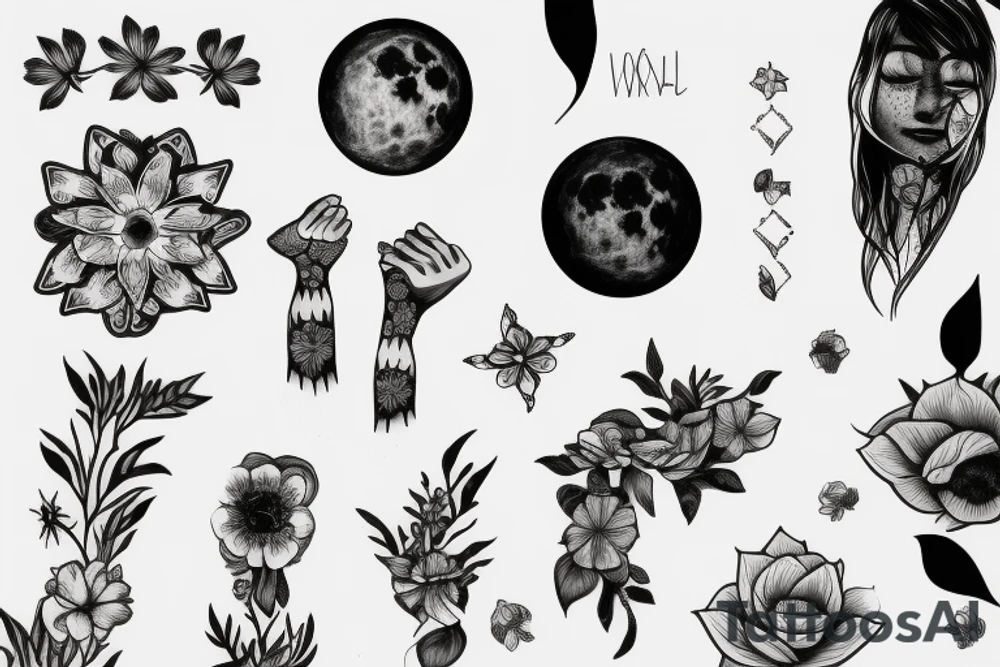 full moon with flower tattoo idea