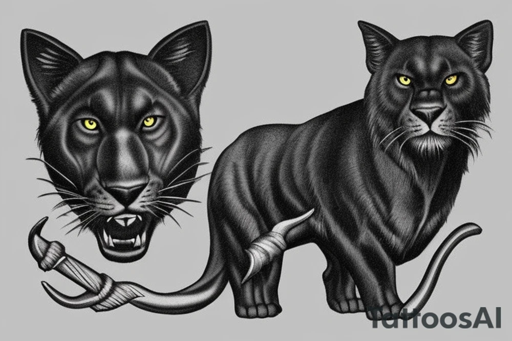I want one black panthers, designed realistic like the animal, full body sitting and holding a shepherd's crook. tattoo idea