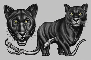 I want one black panthers, designed realistic like the animal, full body sitting and holding a shepherd's crook. tattoo idea