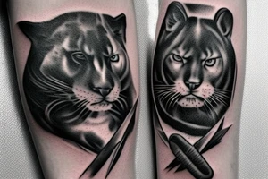 I want one black panthers, designed realistic like the animal, full body sitting and holding a shepherd's crook. tattoo idea