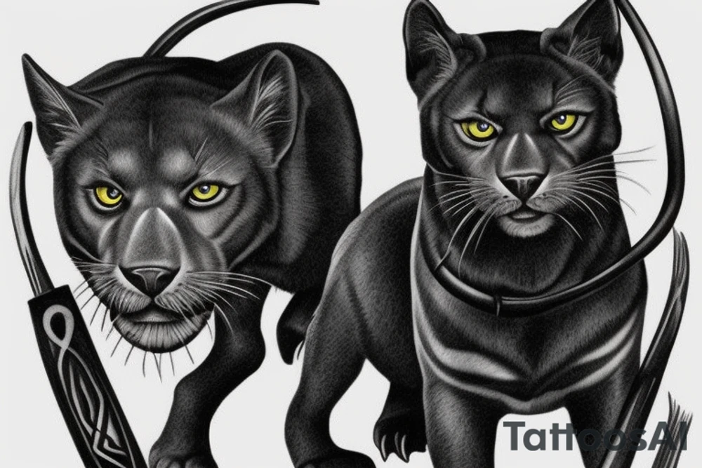 I want one black panthers, designed realistic like the animal, full body sitting and holding a shepherd's crook. tattoo idea