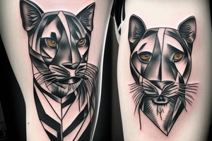 I want one black panthers, designed realistic like the animal, full body sitting and holding a shepherd's crook. tattoo idea