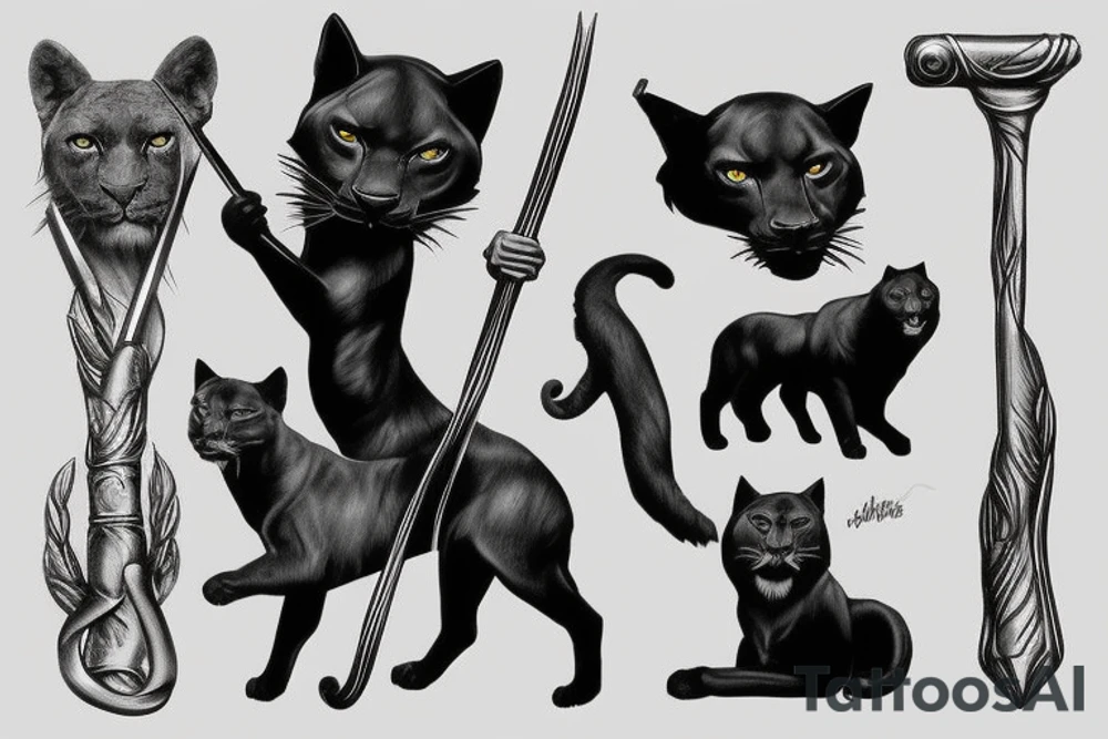 I want one black panthers, designed realistic like the animal, full body sitting and holding a shepherd's crook. tattoo idea