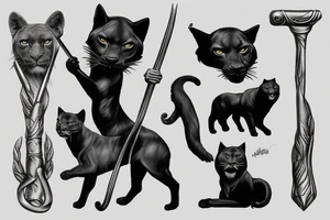 I want one black panthers, designed realistic like the animal, full body sitting and holding a shepherd's crook. tattoo idea