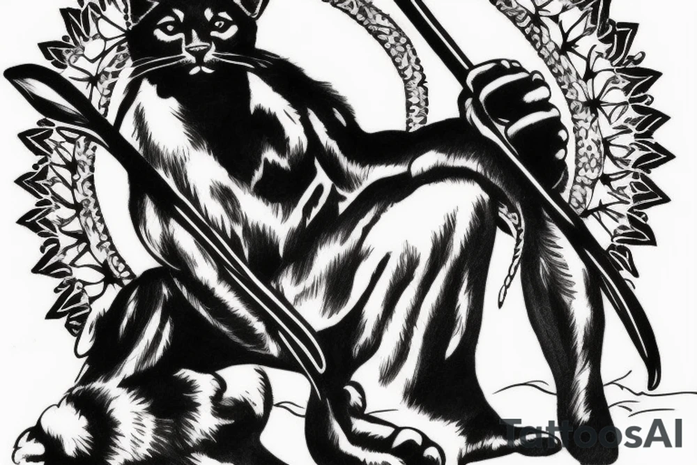 I want one black panthers, designed realistic like the animal, full body sitting and holding a shepherd's crook. tattoo idea