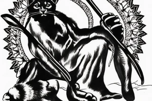 I want one black panthers, designed realistic like the animal, full body sitting and holding a shepherd's crook. tattoo idea