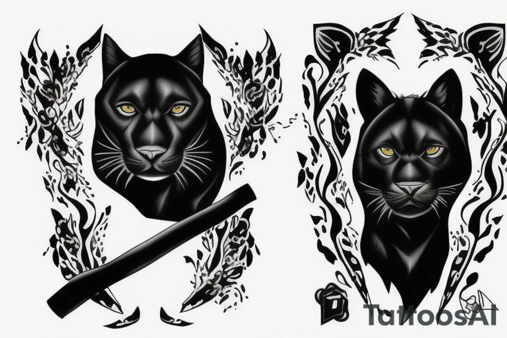 I want one black panthers, designed realistic like the animal, full body sitting and holding a shepherd's crook. tattoo idea
