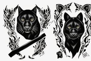 I want one black panthers, designed realistic like the animal, full body sitting and holding a shepherd's crook. tattoo idea