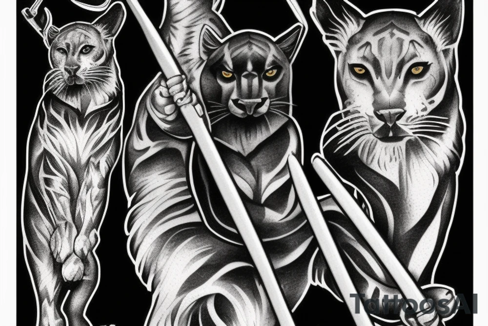 I want one black panthers, designed realistic like the animal, full body sitting and holding a shepherd's crook. tattoo idea