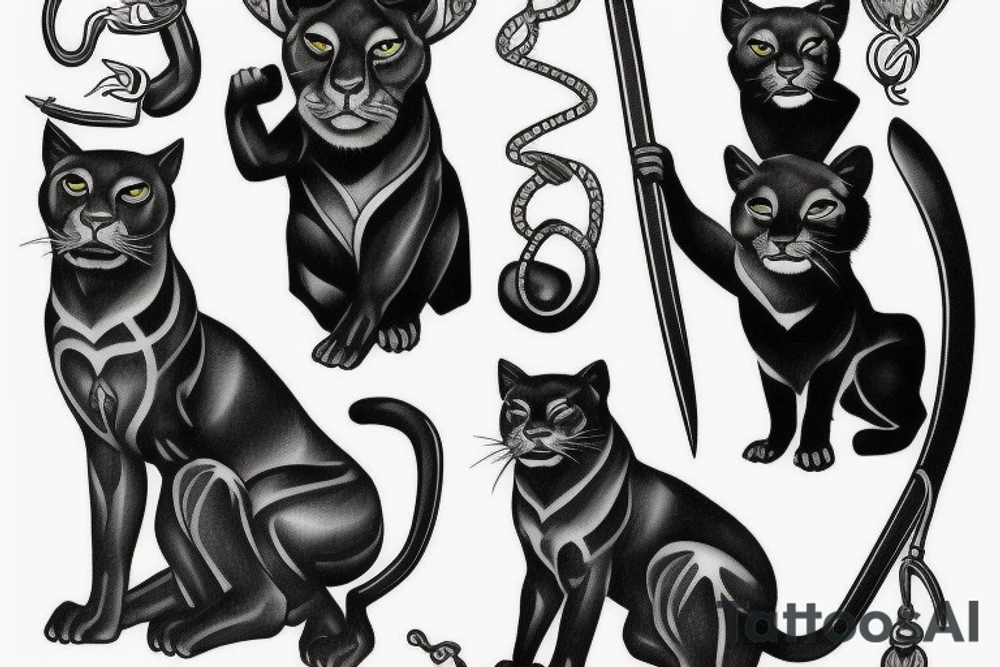 I want one black panthers, designed realistic like the animal, full body sitting and holding a shepherd's crook. tattoo idea