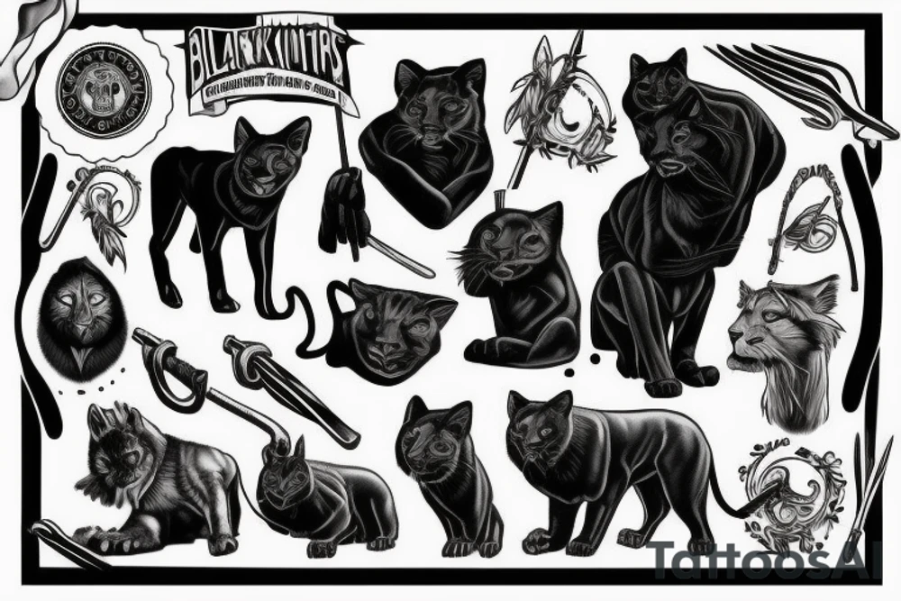 I want one black panthers, designed realistic like the animal, full body sitting and holding a shepherd's crook. tattoo idea