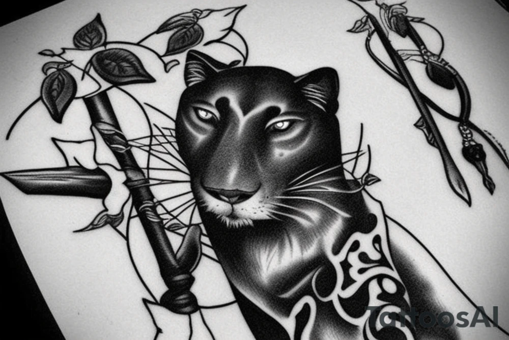 I want one black panthers, designed realistic like the animal, full body sitting and holding a shepherd's crook. tattoo idea