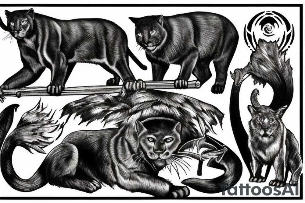 I want one black panthers, designed realistic like the animal, full body sitting and holding a shepherd's crook. tattoo idea