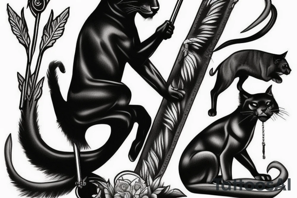 I want one black panthers, designed realistic like the animal, full body sitting and holding a shepherd's crook. tattoo idea