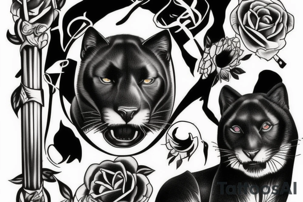 I want one black panthers, designed realistic like the animal, full body sitting and holding a shepherd's crook. tattoo idea