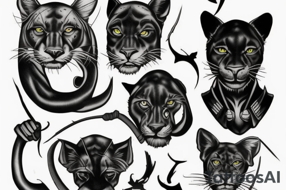 I want one black panthers, designed realistic like the animal, full body sitting and holding a shepherd's crook. tattoo idea