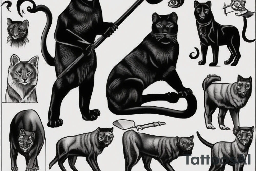 I want one black panthers, designed realistic like the animal, full body sitting and holding a shepherd's crook. tattoo idea