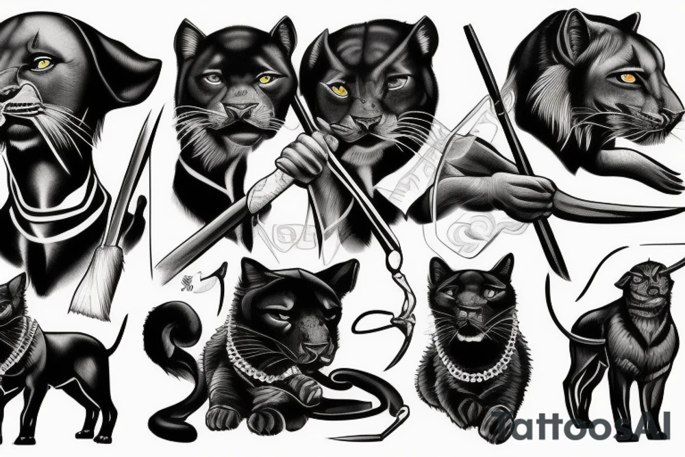 I want one black panthers, designed realistic like the animal, full body sitting and holding a shepherd's crook. tattoo idea