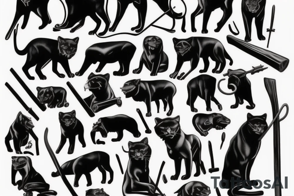 I want one black panthers, designed realistic like the animal, full body sitting and holding a shepherd's crook. tattoo idea