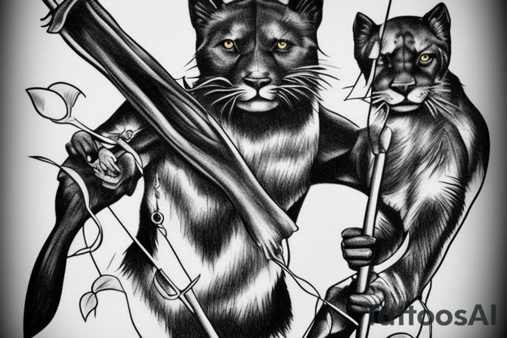 I want one black panthers, designed realistic like the animal, full body sitting and holding a shepherd's crook. tattoo idea