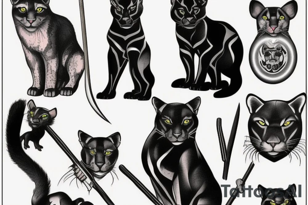 I want one black panthers, designed realistic like the animal, full body sitting and holding a shepherd's crook. tattoo idea