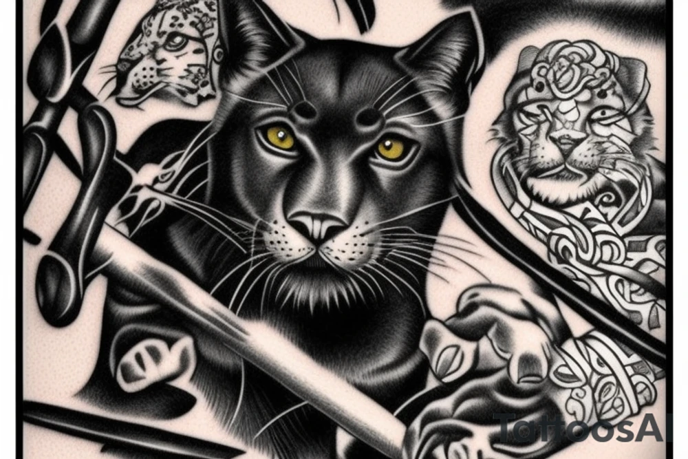 I want one black panthers, designed realistic like the animal, full body sitting and holding a shepherd's crook. tattoo idea
