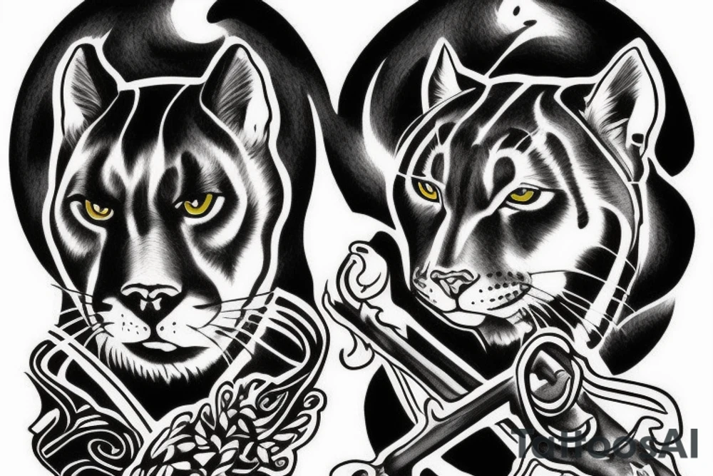 I want one black panthers, designed realistic like the animal, full body sitting and holding a shepherd's crook. tattoo idea