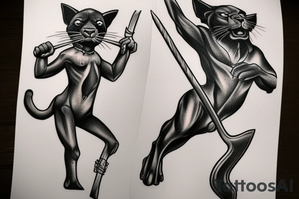 I want one black panthers, designed realistic like the animal, full body sitting and holding a shepherd's crook. tattoo idea