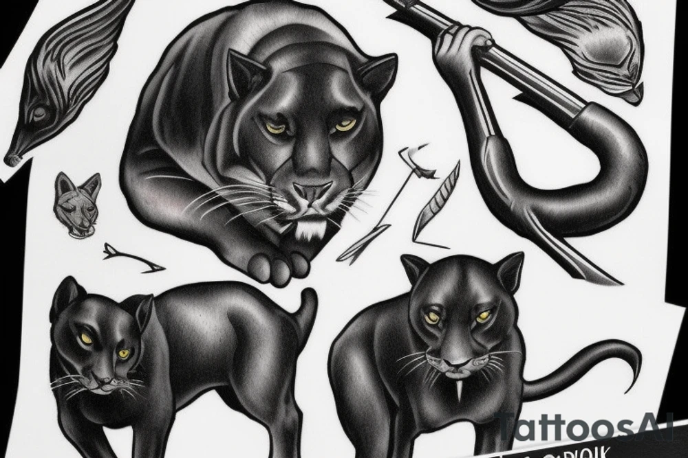 I want one black panthers, designed realistic like the animal, full body sitting and holding a shepherd's crook. tattoo idea