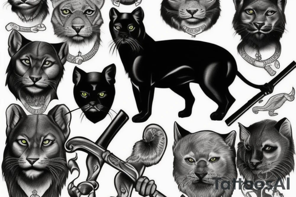 I want one black panthers, designed realistic like the animal, full body sitting and holding a shepherd's crook. tattoo idea