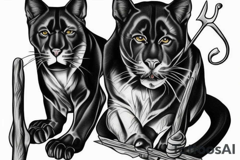 I want one black panthers, designed realistic like the animal, full body sitting and holding a shepherd's crook. tattoo idea