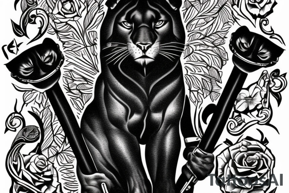 I want one black panthers, designed realistic like the animal, full body sitting and holding a shepherd's crook. tattoo idea