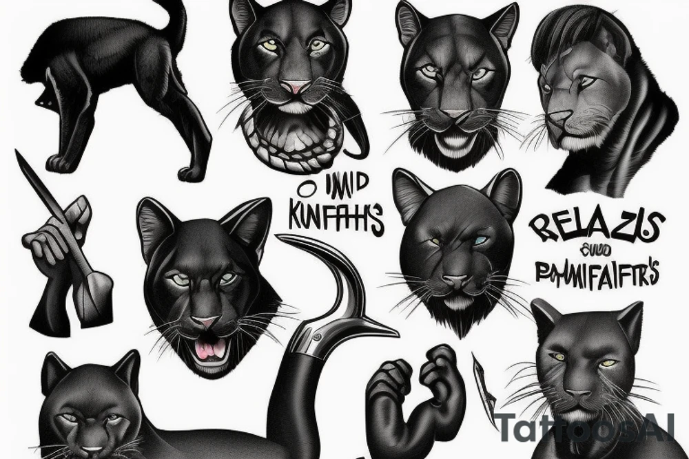 I want one black panthers, designed realistic like the animal, full body sitting and holding a shepherd's crook. tattoo idea